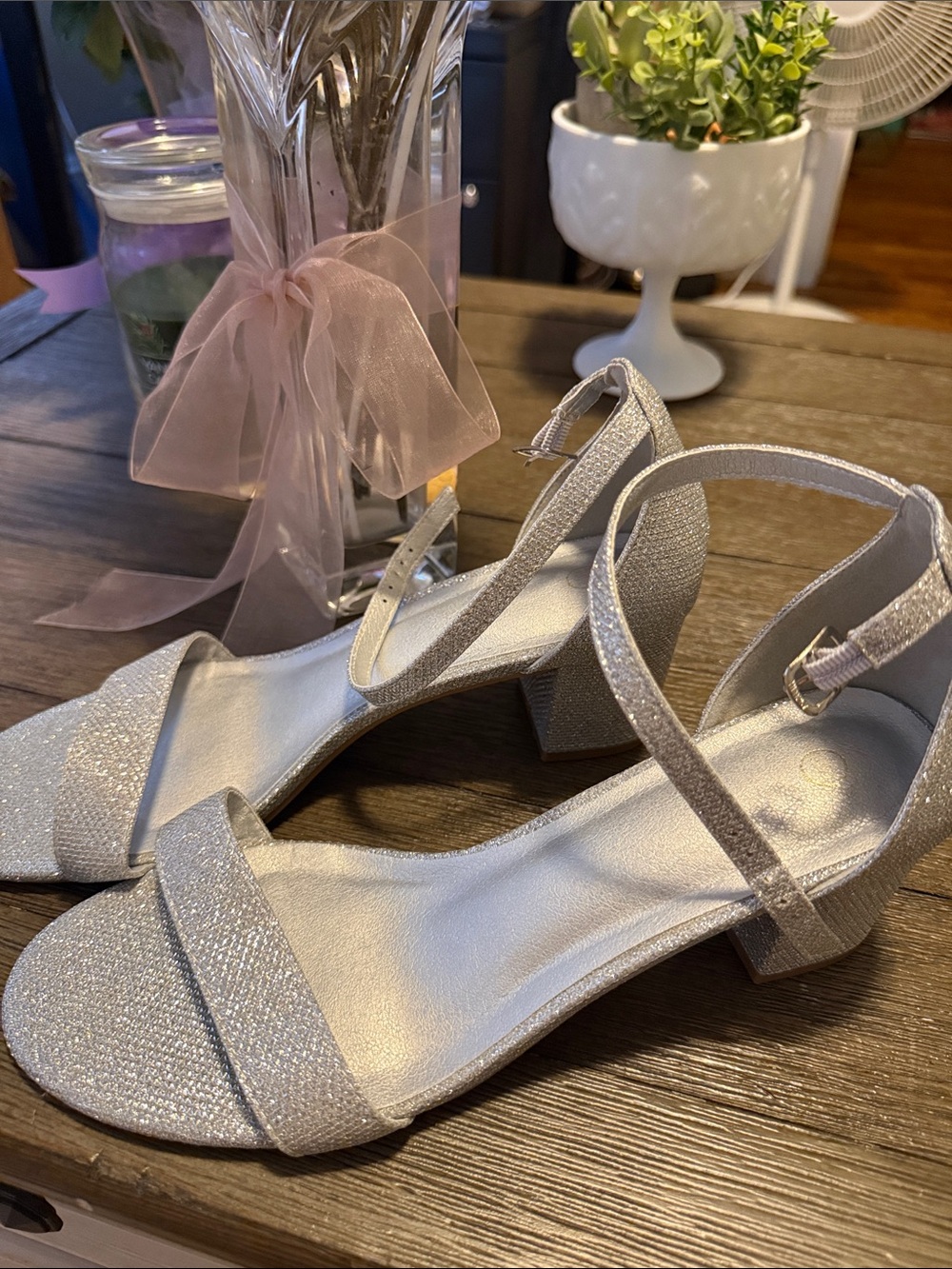Silver Women's Ankle-Strap Block Heel Sandals
